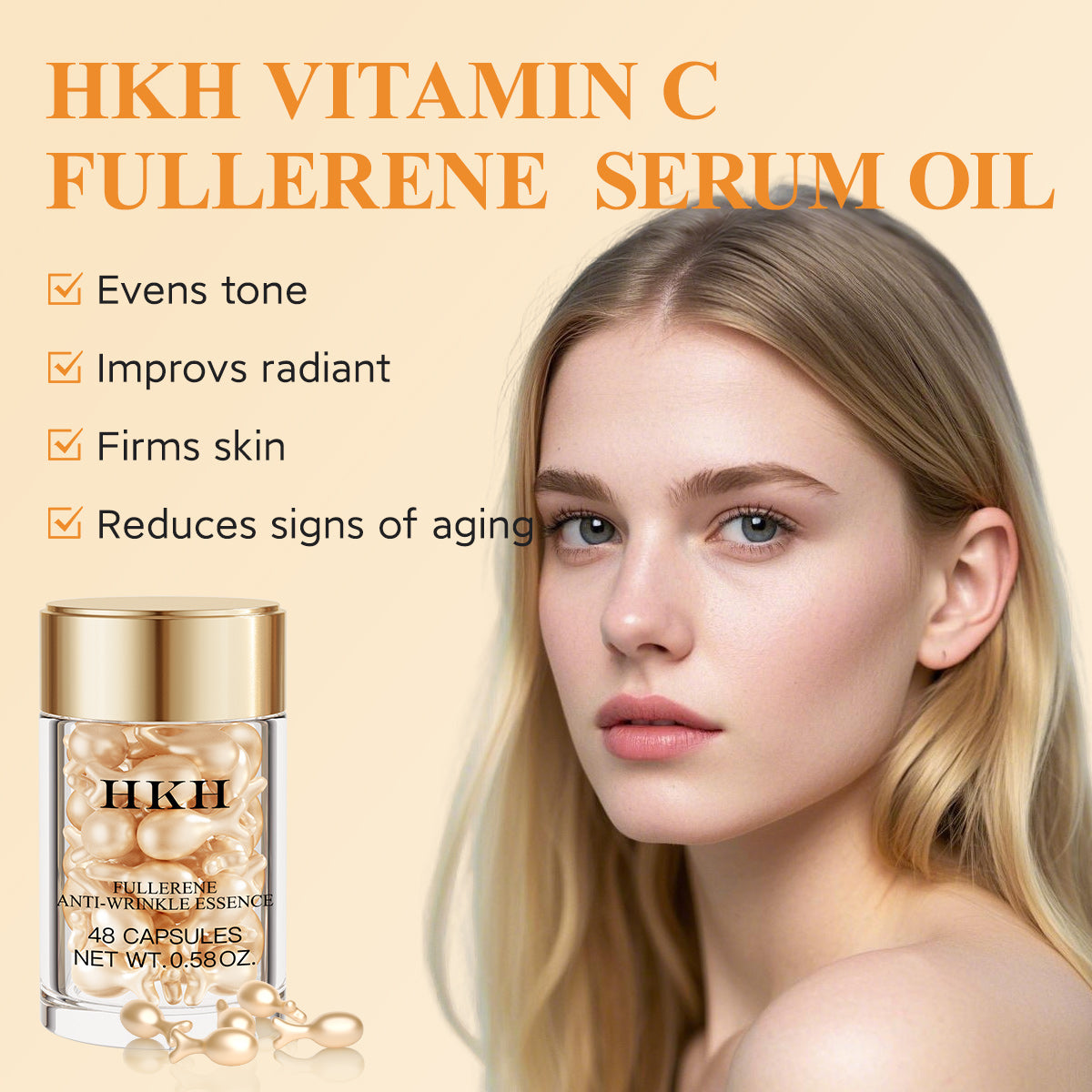 HKH Vitamin C Serum for Face: 48 Capsules Retinol Anti-Aging Wrinkle Repair Serum - Vitamin E Niacinamide Oil for Women - Daily Deep Skin Care for Fine Lines Smoothing Hydrating Brightening