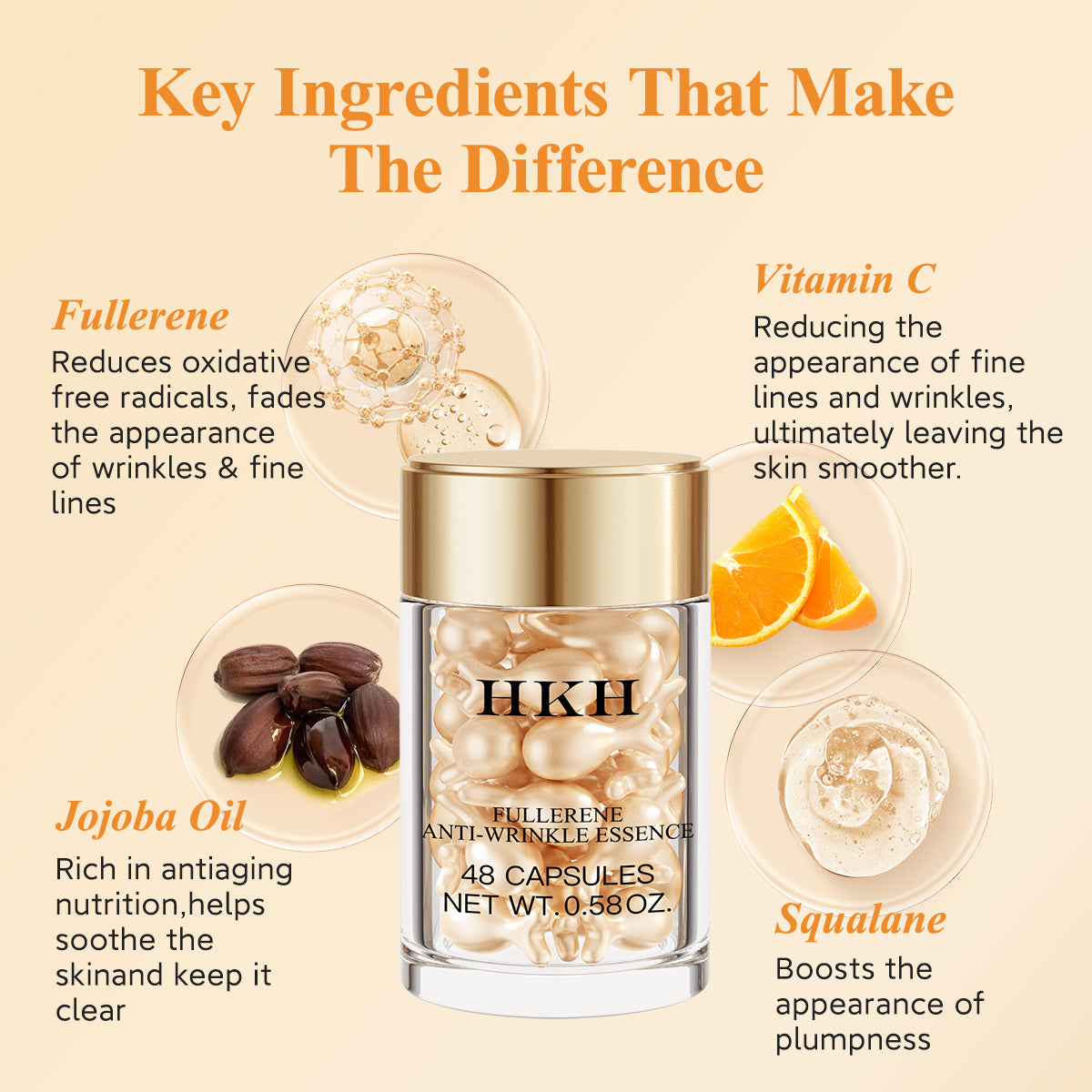 HKH Vitamin C Serum for Face: 48 Capsules Retinol Anti-Aging Wrinkle Repair Serum - Vitamin E Niacinamide Oil for Women - Daily Deep Skin Care for Fine Lines Smoothing Hydrating Brightening
